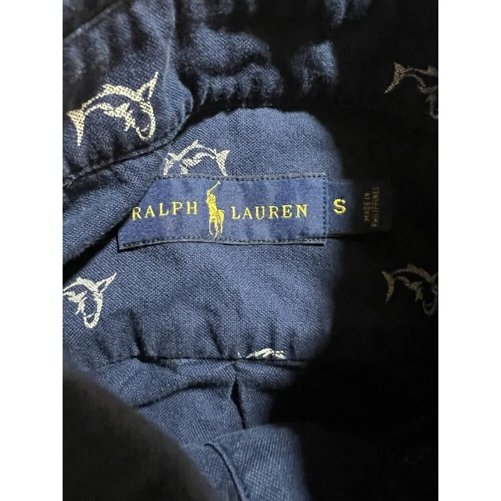 Ralph Lauren All Over Sharks 1/2 Button Shirt Mens‎ S Blue Short Sleeve Pullover
